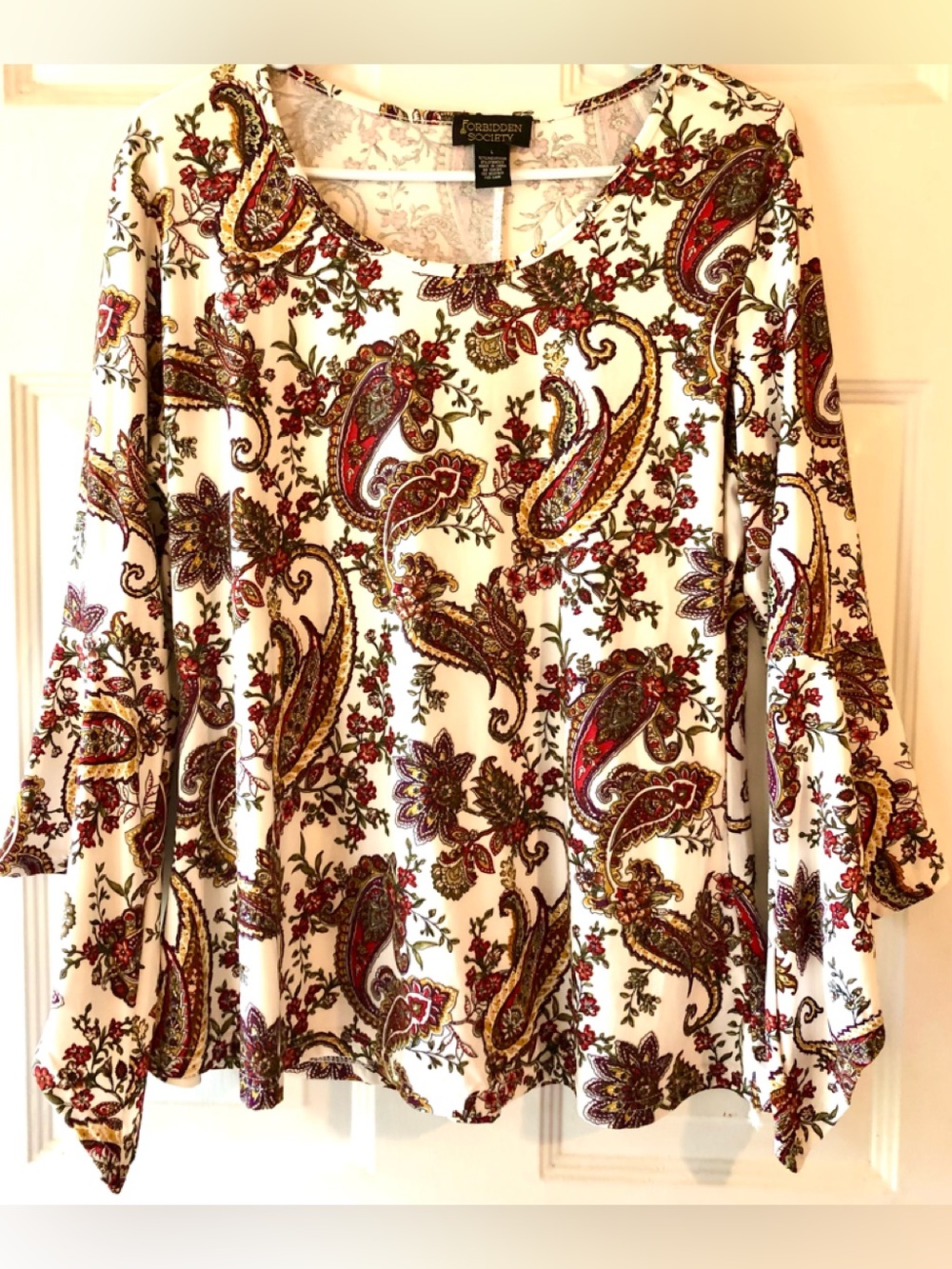 Forbidden Society Red Brown Cream Paisley Print Tapered Flared Sleeve Knit Top L
